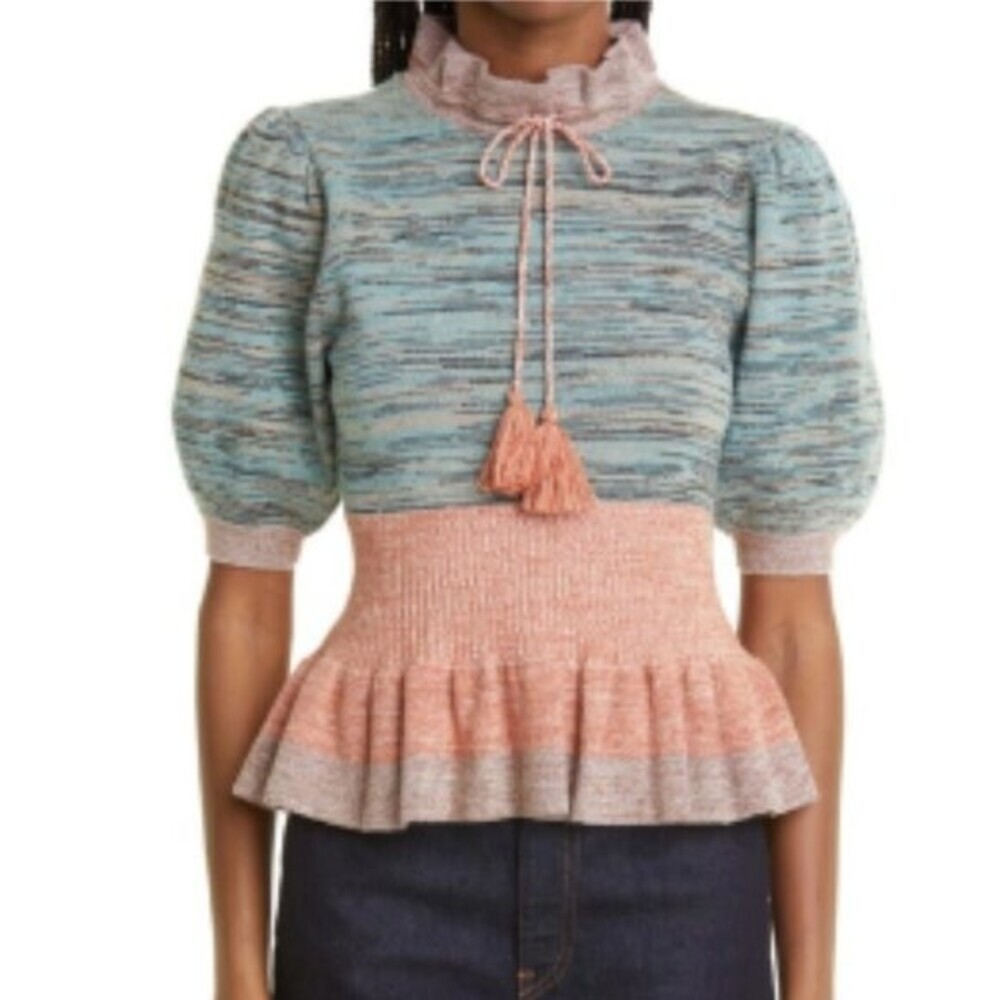 NWT ULLA JOHNSON Ava wool ruffle sweater pink grey block peplum SIZE PETITE bhmn